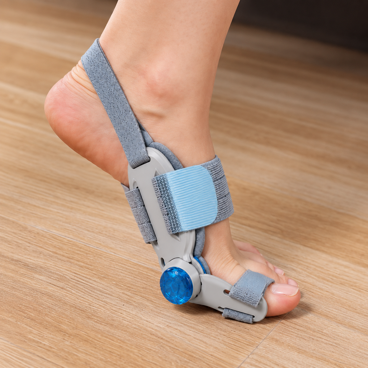 BunionRest brace worn while standing on the ball of the foot, showing the heel strap and midfoot band staying in place