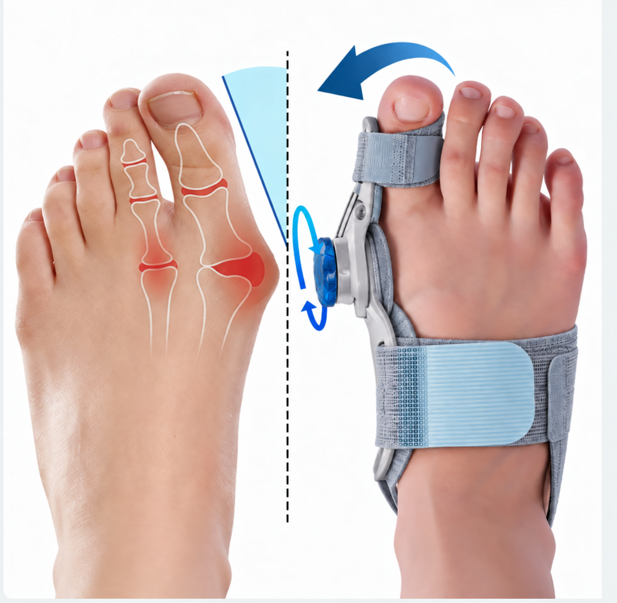 Side-by-side illustration: a bare foot with the big-toe joint highlighted, and the same foot wearing the BunionRest brace